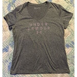 Under Armour HeatGear Women's Grey Loose Fit V Neck Logo‎ Tee, Large